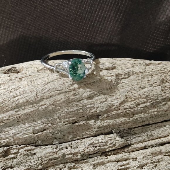 Moss Agate Ring Quartz Sterling Silver 925 Size 8 Oval Green Nature Earth Stamp - Picture 9 of 16